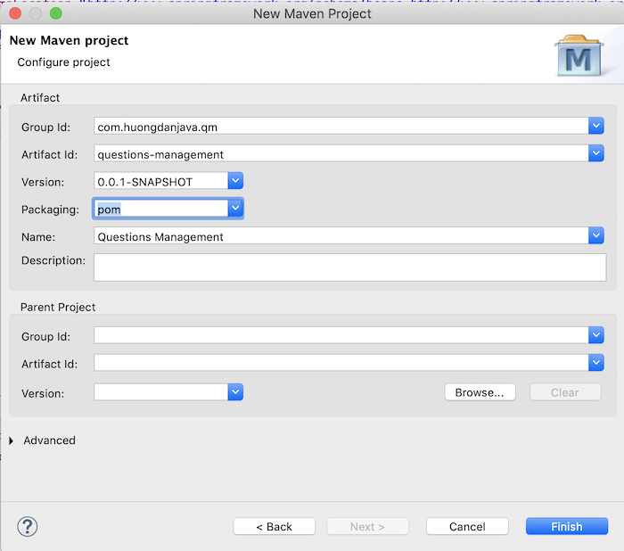 Questions Management - Khởi tạo parent project questions-management sử dụng Spring Tool Suite