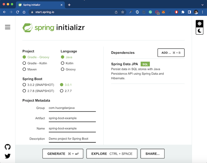Create Spring Boot project using Spring Initializr Web
