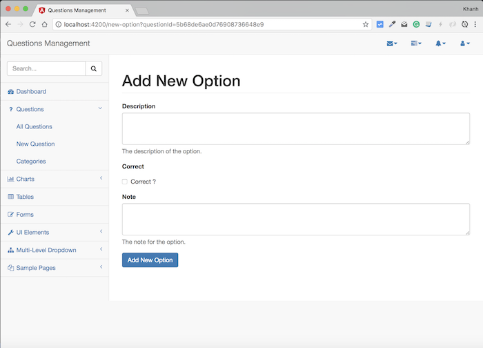 Questions Management – Frontend – Build the interface for adding new option using Angular, Bootstrap