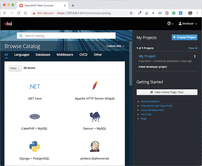 Create new project in OpenShift using oc client tool or web console